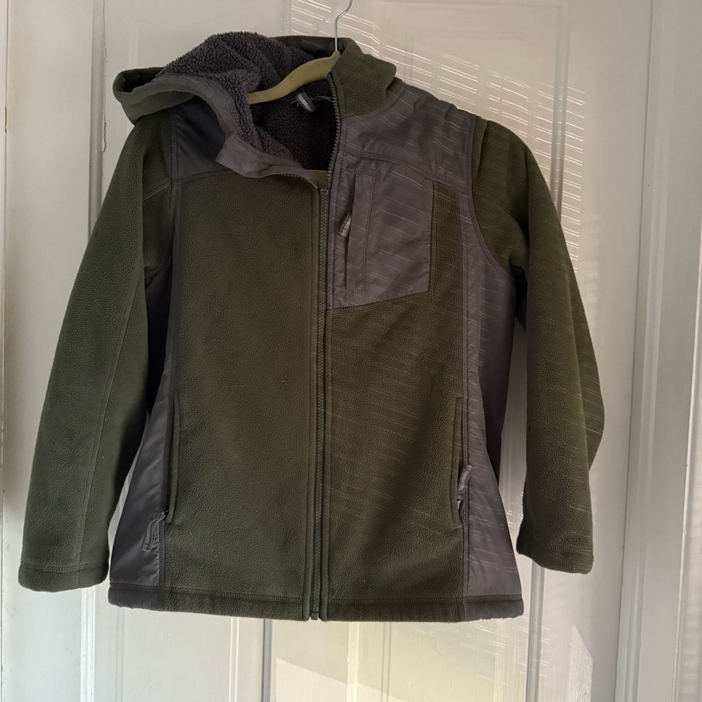 Lands End Hooded Sherpa Lined fleece and nylon jacket size medium green and grey